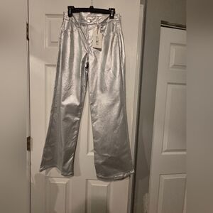 NWT-Giana Binni Metallic Silver High-Waist Wide Leg Pants